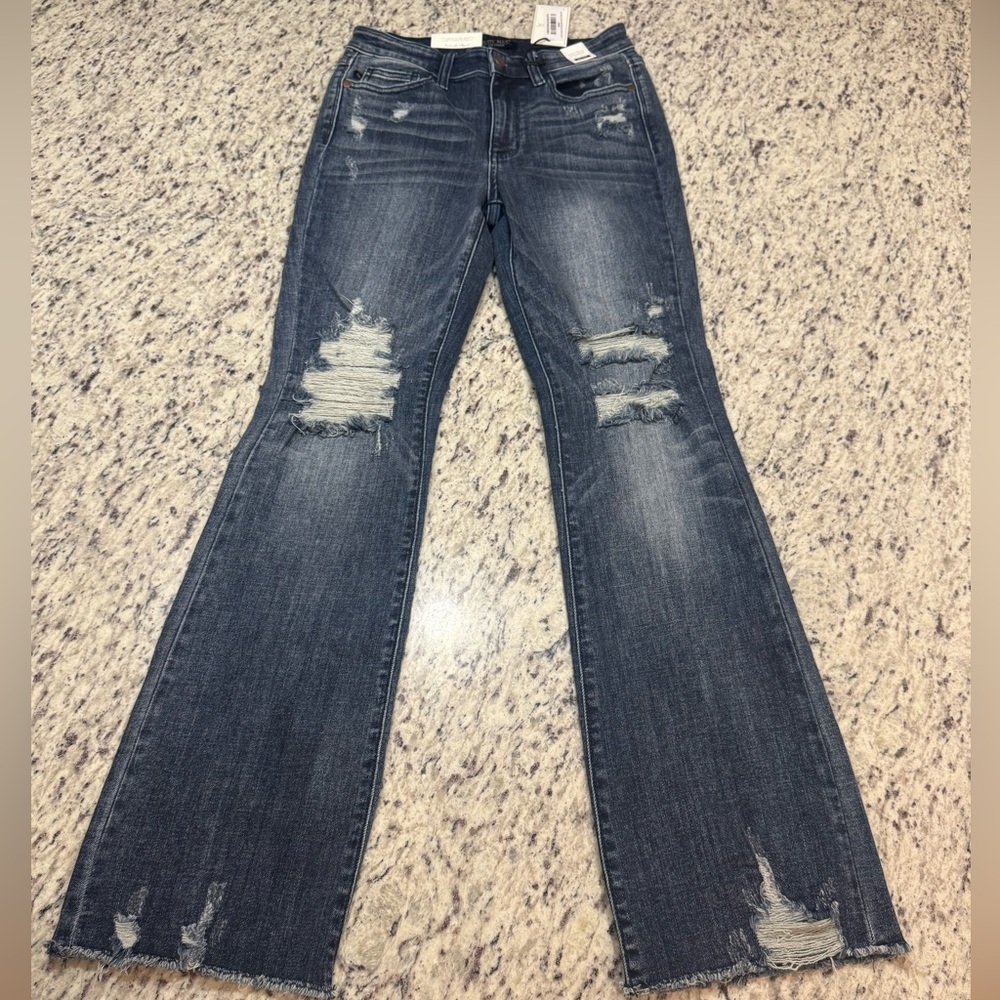 Judy Blue Distressed Flare Jeans - Blue - Picture 7 of 15